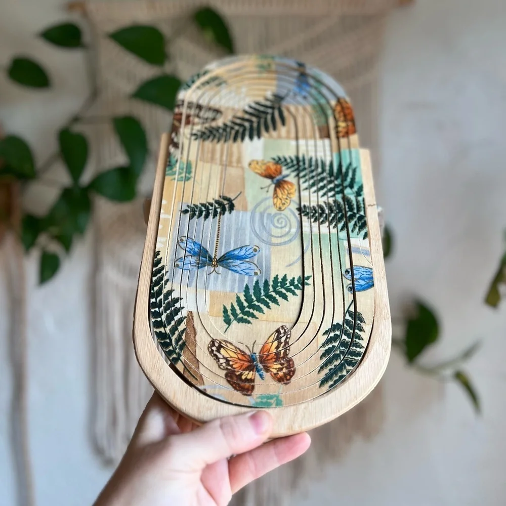 Folding Wooden Basket 12x6” – Butterfly Fern Boho Tray Rustic Cottagecore Decor